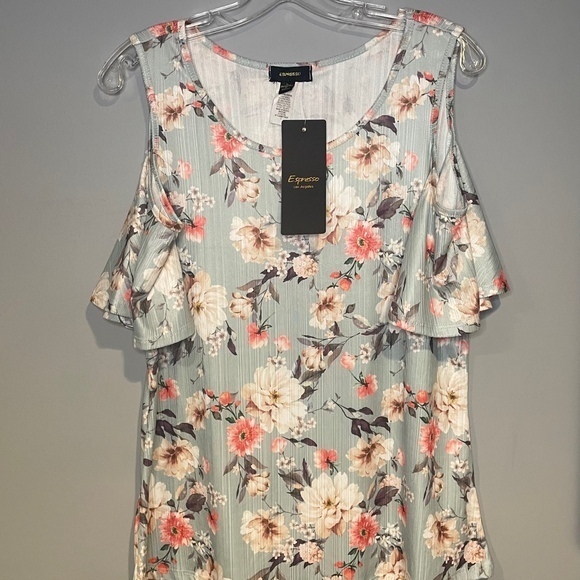 Espresso Tops - Espresso Los Angeles Womens Cold Shoulder Blue Floral Print Size Large